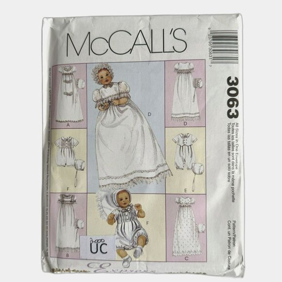 McCalls Sewing Pattern 3063 Christening Baptismal Gowns Romper Bonnets UNCUT - Picture 1 of 4